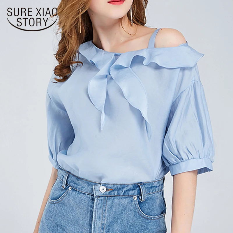 

summer fashion chiffon women tops shirt sexy off shoulder solid white and blue women blouse shirt causal loose clothing 0684 40