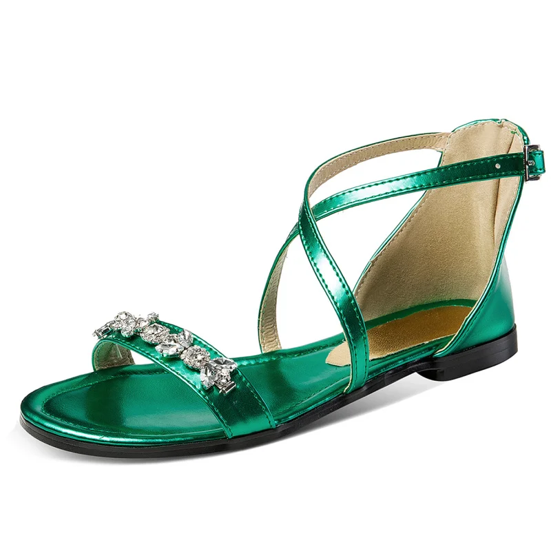 Large size Flat Sandals For Women Casual Flat Heels Summer Shoes Woman Luxury Rhinestone Green Gold Silver Ladies Beach Shoes