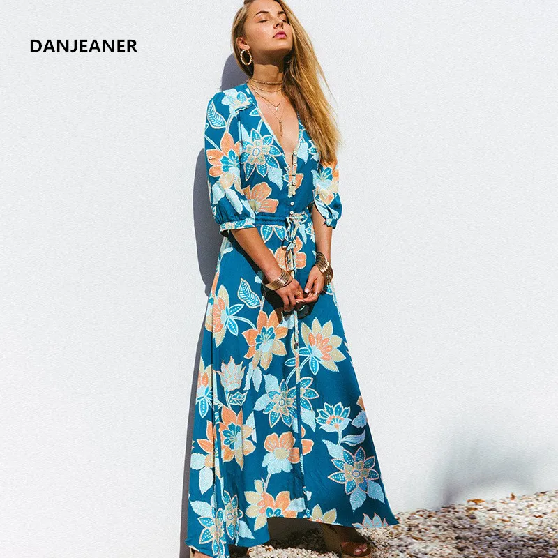 

Длинное шифоновое платье DANJEANER, с V-образным вырезом и цветочным принтом, с полурукавом, в стиле бохо, повседневное, на лето, 2019