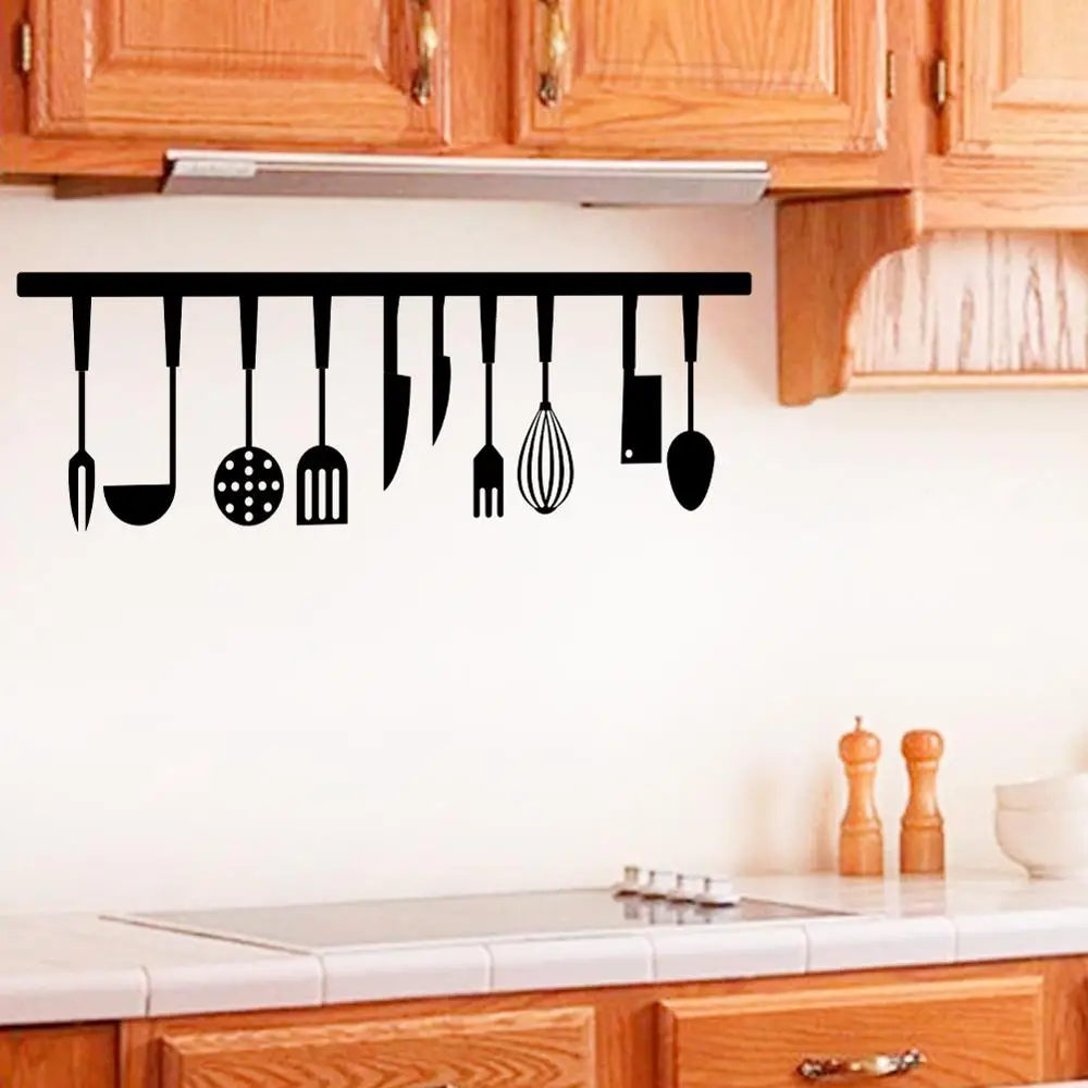 Ложка Вилка шпатель стены наклейки Ресторан Home Decor Кухня инструменты на черные