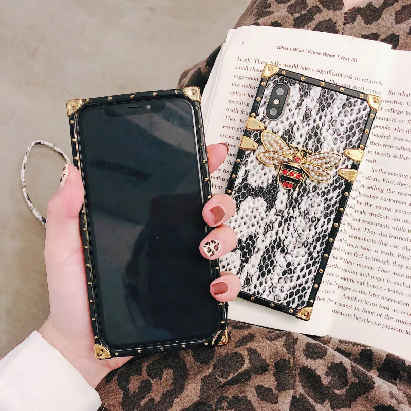 KoisAcase DIY Square Snake skin pattern phone case For iPhone X XR Xs Max 6 6S 7 8 Plus bee with lanyard protective cover |