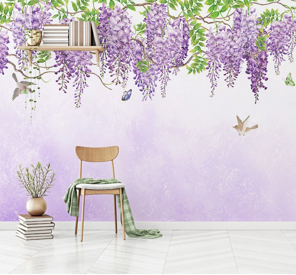 Настенные 3D-обои Bacaz с ручным Рисунком Птиц бабочек фиолетовых цветов фоновые