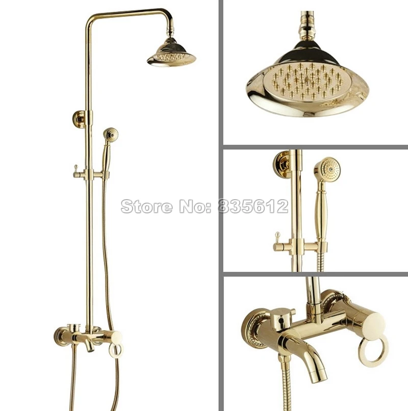 

Настенный Золотой латунный Смеситель для ванной комнаты, для дождя, для душа, набор с ручной душевой кабиной + смеситель с одной ручкой Wgf407