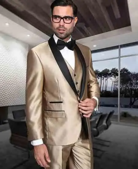 

Latest Coat Pant Designs Gold Satin Men Suit Slim Fit 3 Piece Shawl Lapel Tuxedo Custom Groom Blazer Prom Suits Terno Masculino