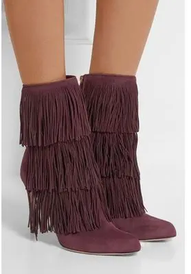 

Women Solid Color Purple Fringe Decoration Pointed Toe Boots Back Zipper Mid-Calf Sexy Winter Boots High Quality