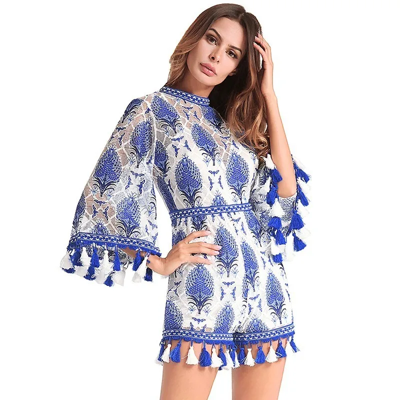 Ruiyige 2018 Лето Для женщин комбинезоны Boho комбинезон кружева вышивка кисточкой