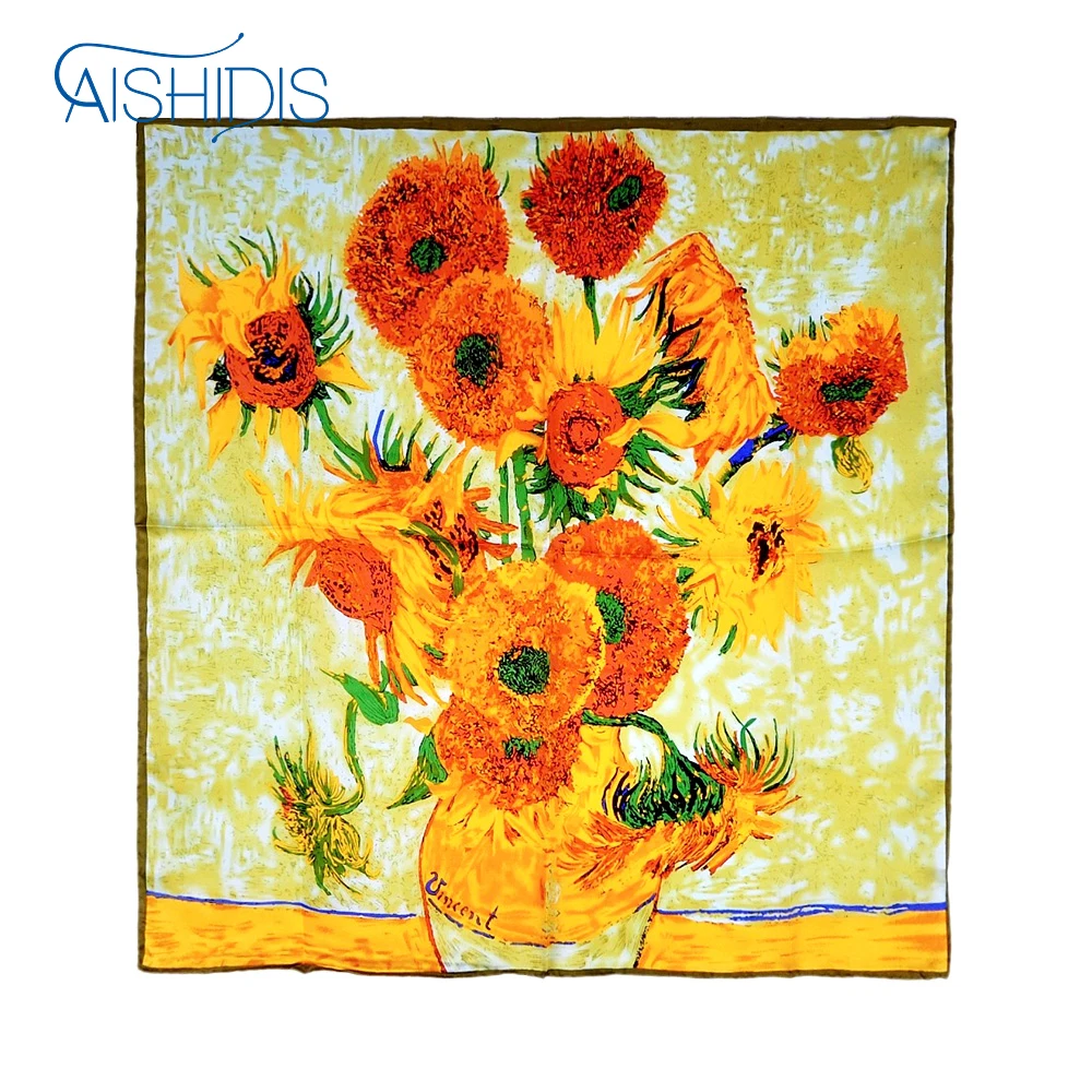 

Women Fashion New Square Sunflower Wraps & Shawls Van Gogh's Oil Painting 100% Genuine Silk Scarf 34" Big Style