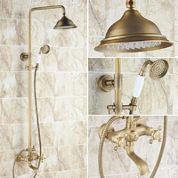 vintage retro antique brass dual cross handles bathroom 8 inch round rain shower faucet set tub mixer tap hand shower mrs124