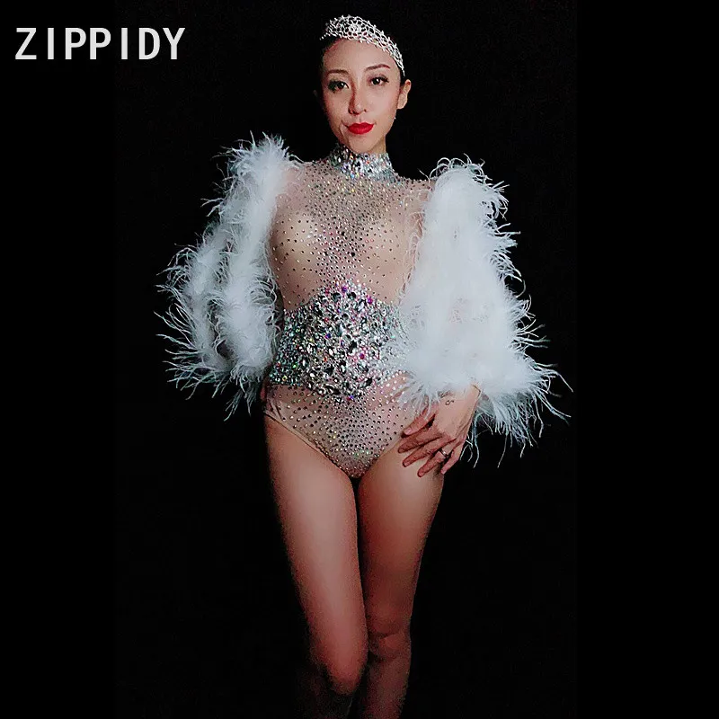 Sparkly Big Rhinestones Feather Mesh See Through Bodysuit Women's Birthday Party Bodysuit Nightclub Women Singer Dance Outfit