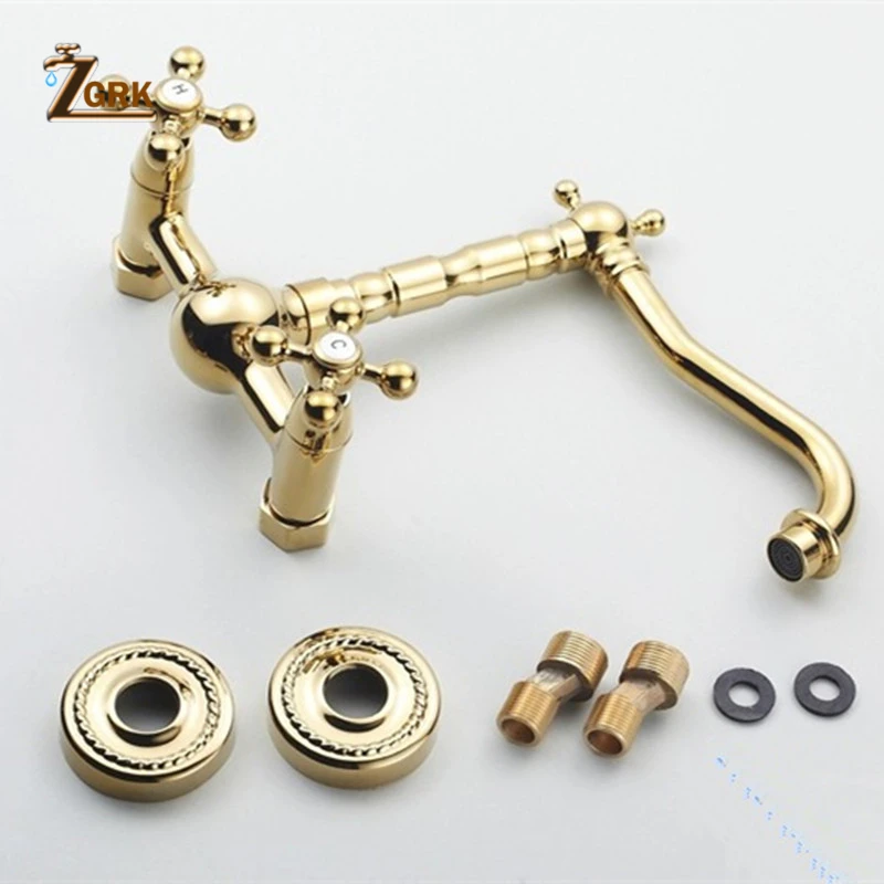 zgrk 360 swivel brass bathroom golden basin sink mix tap bathtub dual handles wall mounted kitchen basin sink mixer faucet free global shipping