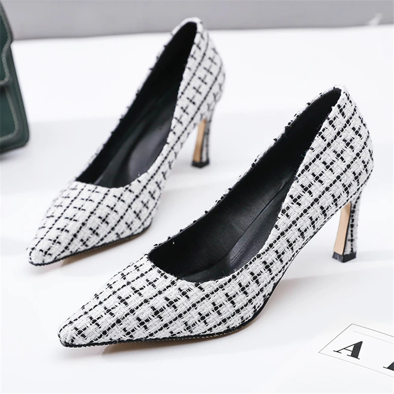 

Plaids Pumps Women Shoes High Heels 7cm Stiletto Pumps Black Gray Pink Fashion Ladies Shoes Office Casual Sexy Women Footwear