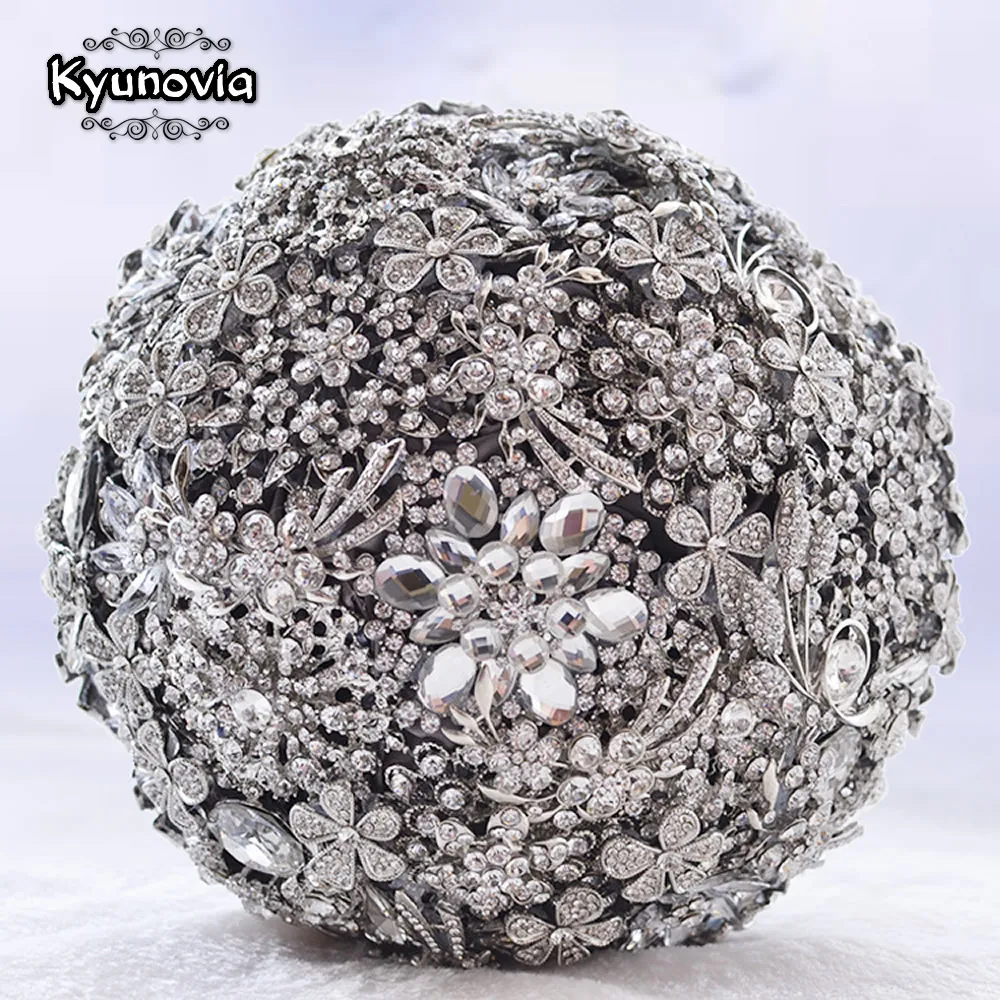 

Kyunovia Size 20CM 8'' full Silver crystal wedding brooch bouquet Bridal Bouquet Jewelry Custom Broach Wedding Bouquet D58