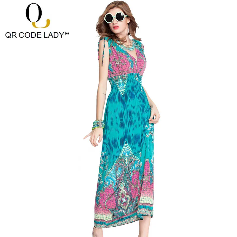 

QR Fashion New Summer Dress Women 2019 Sexy Deep V Neck Long Party Dress Female Casual Slim Vacation Boho Beach Maxi Dresses