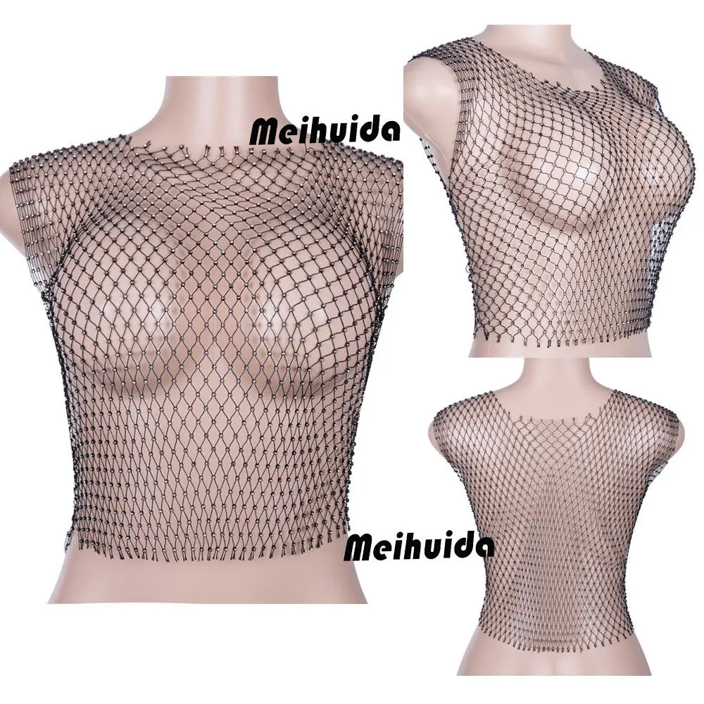 Женские сетчатые укороченные топы без рукавов Стразы для вечерние сексуальные
