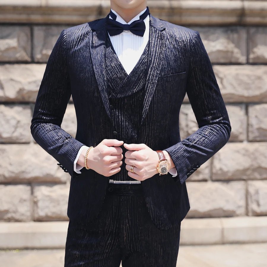 Вечерние костюмы для выпускного для Для мужчин Slim Fit Комплект из 3 предметов бархатный костюм Человек Свадебный костюм Homme Mariage элегантный приличный костюм к ужину мужской Q673