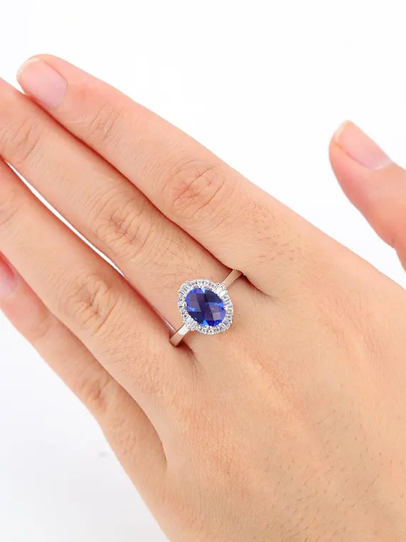 MYRAY Lab Created Blue Sapphire Wedding Ring 14k White Gold Baguette Cut Natural Diamond Halo Engagement Bridal Anniversary Gift | Украшения