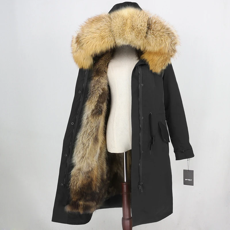 black natural gold Пальто с натуральным мехом, бренд X-long Parka, водонепроницаемая ткань, верхняя одежда, зимняя куртка для женщин, натуральный Лисий мех, капюшон, подкладка из лисьего меха, отстегивается - Цвет: black natural gold