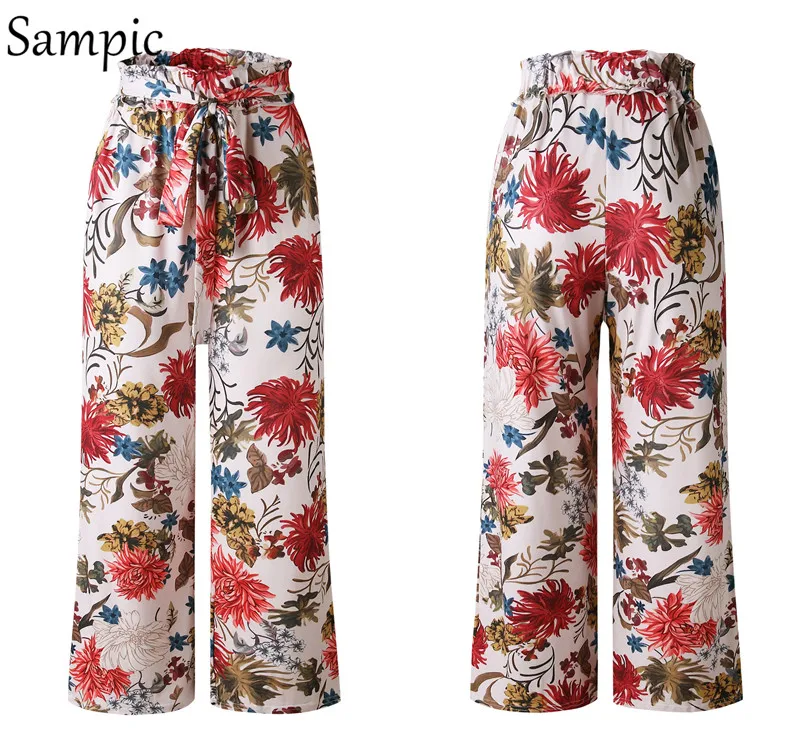 Sampic широкие брюки с высокой талией женские свободные пляжные Boho женские брюки повседневные брюки с цветочным принтом розовые пояса летние длинные брюки