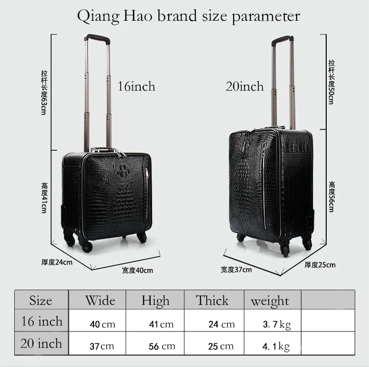 QiangHao, 16 дюймов, 20 дюймов, Спиннер, колесо, натуральная кожа, чемодан, крокодиловый тип, телячья кожа, багаж для багажа