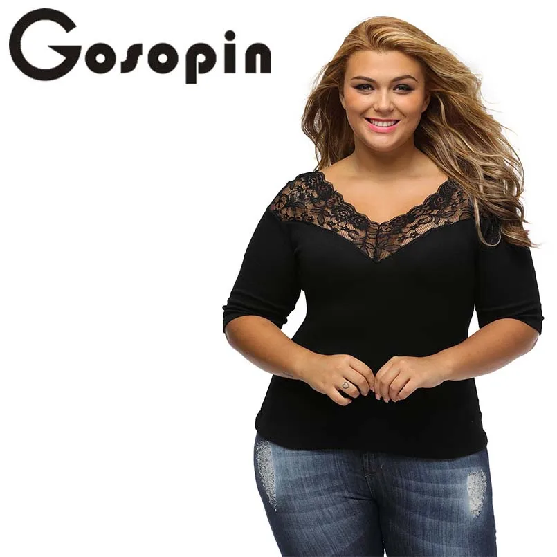 Gosopin плюс размер кружевные топы черные сексуальные женские футболки v образный