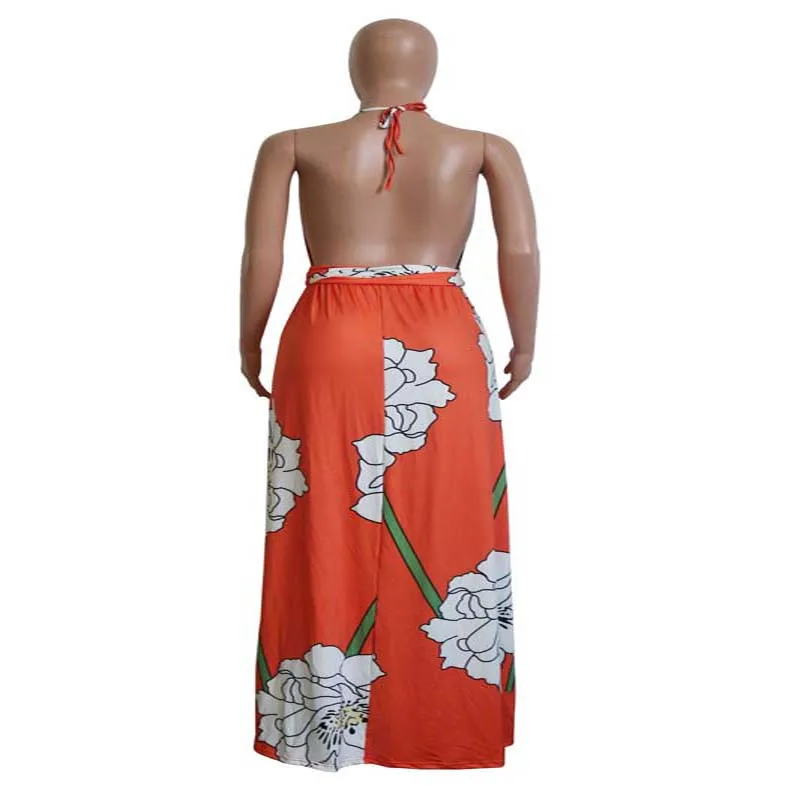 

Africa Clothing New Fashion Sexy Floral Printed Nape Back Strap Open Back Dress with Headscarf Loose Maxi Dress Bohemian