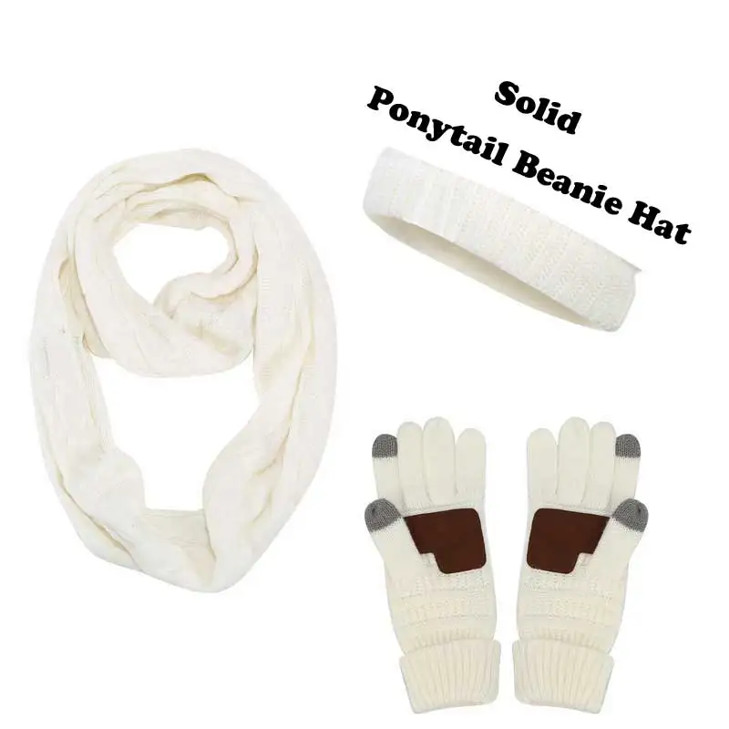 A-Solid-White Ponytail Beanie Women Scarf Hat Glove Sets Knitted Winter Cap Warm Skullies Beanies Woolen Hats Casual Female Slouchy Knit Caps - Color: A-Solid-White