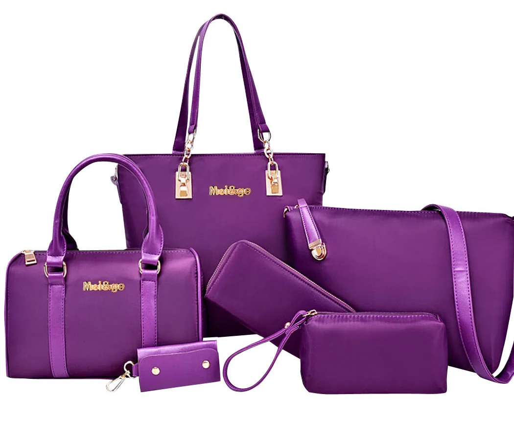 Purple Coofite композитная сумка, 6 шт. в комплекте, Женская водонепроницаемая нейлоновая сумка-тоут, роскошная сумка, Большая вместительная сумка-тоут для женщин, клатч, кошелек - Цвет: Purple