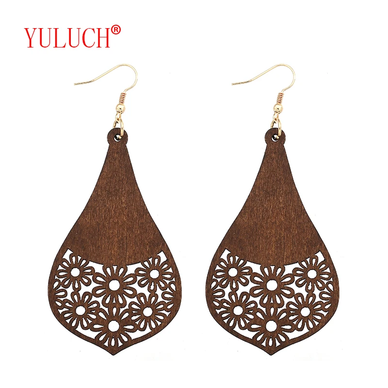 

YULUCH New design retro African wooden irregular geometric openwork screen flower pendant for fashion woman jewelry earrings