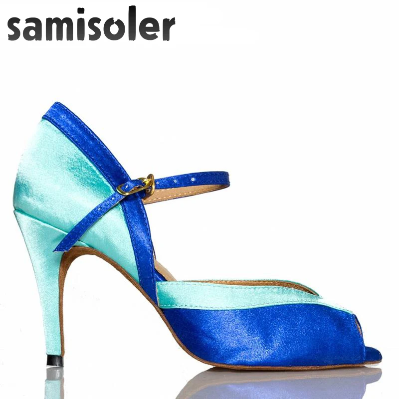Samisoler Skin/Bule New Flash Cloth Collocation Shine Ribbons Ballroom Fashion Dance Women Latin Competition Shoes | Спорт и