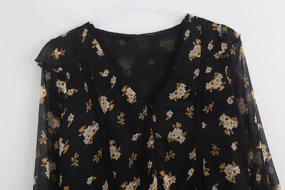 Блузка в английском стиле с цветочным принтом и оборками, длинный рукав, blusas mujer de moda, кимоно, Женские топы и блузки