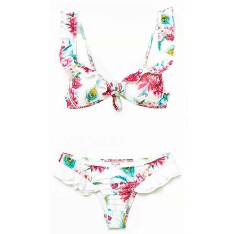 Комплект бикини купальник с рюшами воланы чашкой оборками раздельный пуш ап