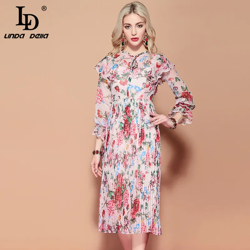 Женское платье с длинным рукавом LD LINDA DELLA винтажное плиссированное из шифона