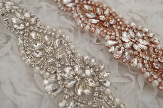 

rose gold Rhinestone Sash belt applique, bridal sash belt, rose gold crystal floral sash, RAE0119