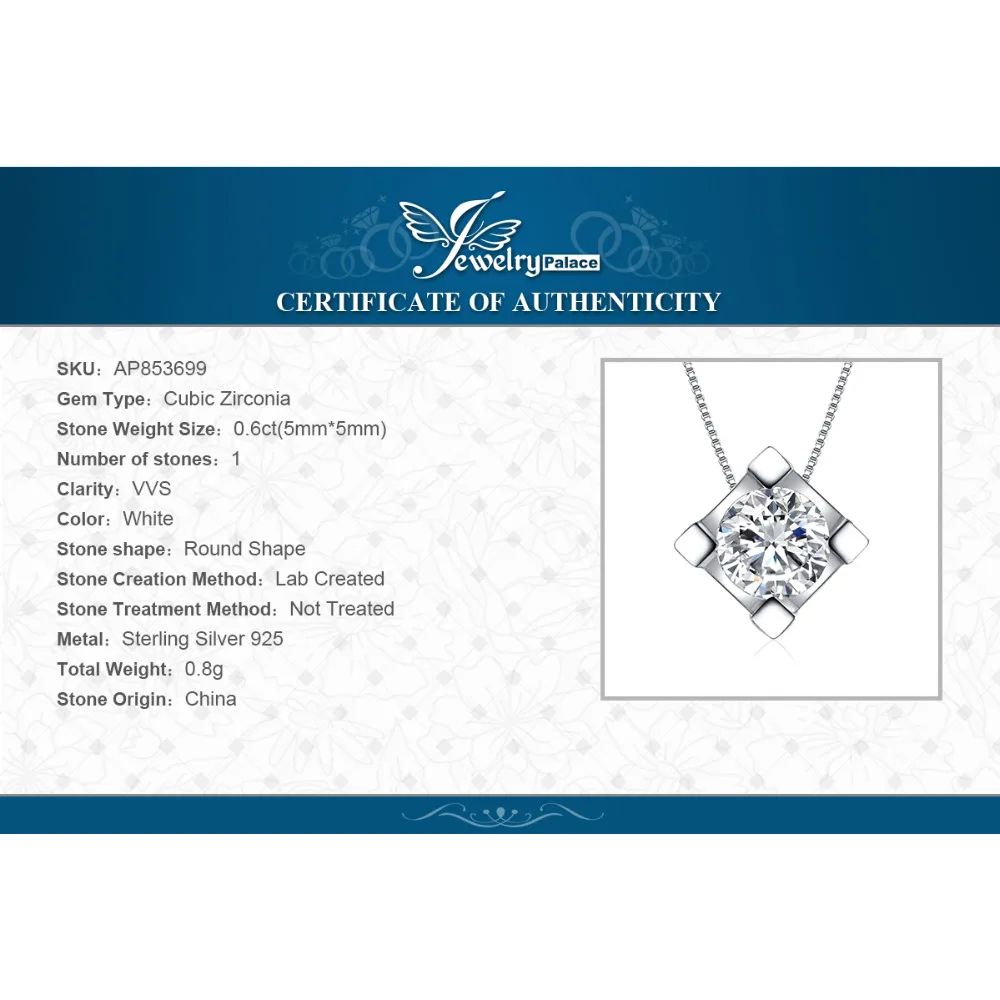 JewelryPalace круглый 0.6ct Solitaire кулон реального 925 серебро Модные украшения для Для