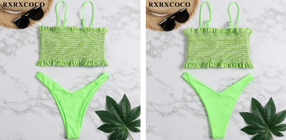 RXRXCOCO купальники для женщин купальник Smocking бикини с высокой талией набор бикини напечатан летний купальник с рюшами пляжная одежда
