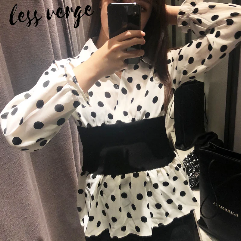 Lessverge/черная шифоновая блузка в белый горошек рубашка для женщин с рюшами и