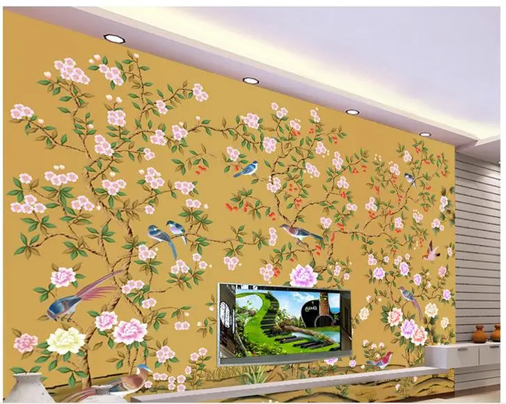 3d обои для комнаты ручная роспись цветы и птицы на фоне стены фрески настенные |