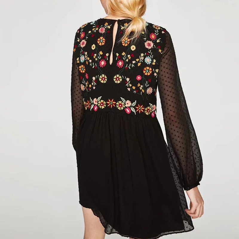 2017 Autumn Women Chic Black /White Floral Embroidered Vintage Mini Dress Ladies See-through Long Sleeve Chiffon Dresses | Женская