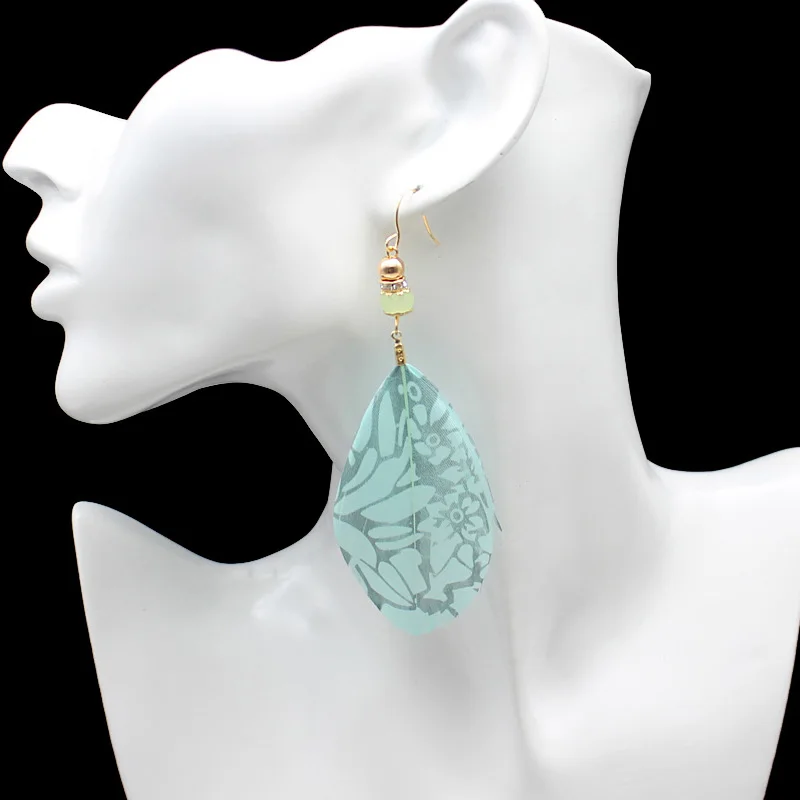 Серьги с кристаллами в виде синих розовых перьев серьги подвески из сплава