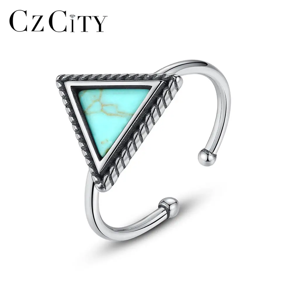 

CZCITY Retro Genuine 925 Sterling Silver Open Rings for Women Anniversary Fine Jewelry Created Triangle Turquoise Bague SR0348