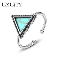 czcity retro genuine 925 sterling silver open rings for women anniversary fine jewelry created triangle turquoise bague sr0348