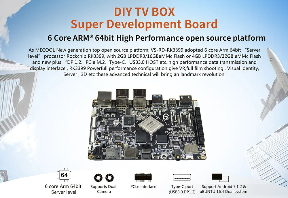 Mecool VS RK3399 DIY RK3399 Mali-T860 ТВ приставка супер макетная плата 4 к 10 бит VP9 Android 7,1 Smart медиаплеер