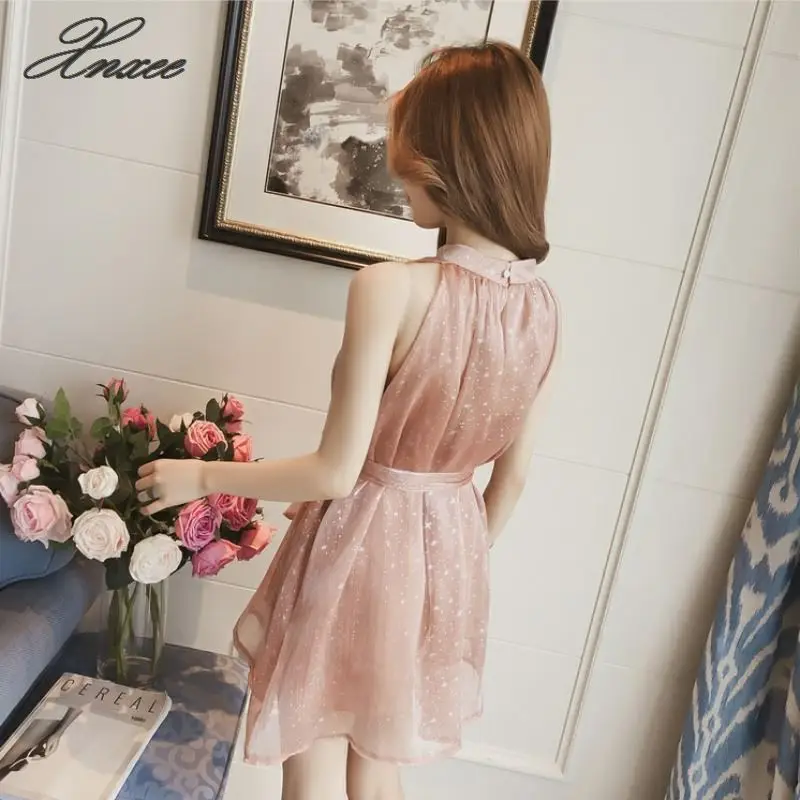

Sweet Women Halter Sleeveless Chiffon Dresses Sequins Lace-Up Waist Tie A-Line Dress Mid-length Sleek Loose Dress 2020 New