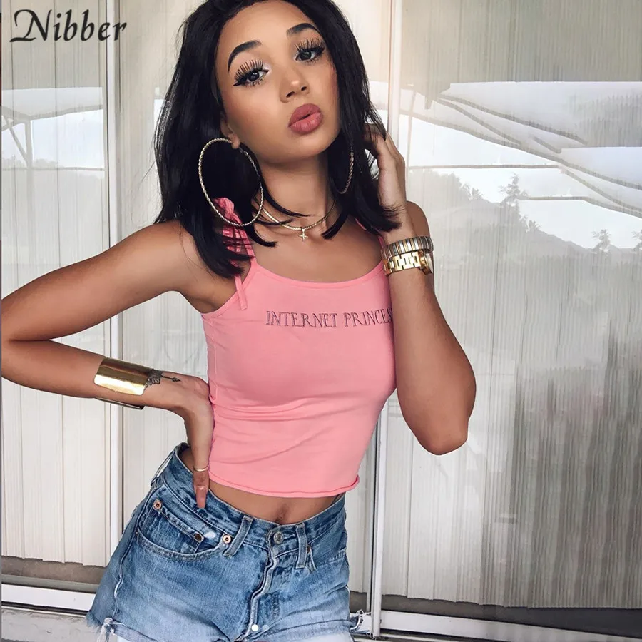 Nibber summer cute pink embroidery crop tops women camis street fashion wild tank tops girls Casual cotton tee shirts mujer