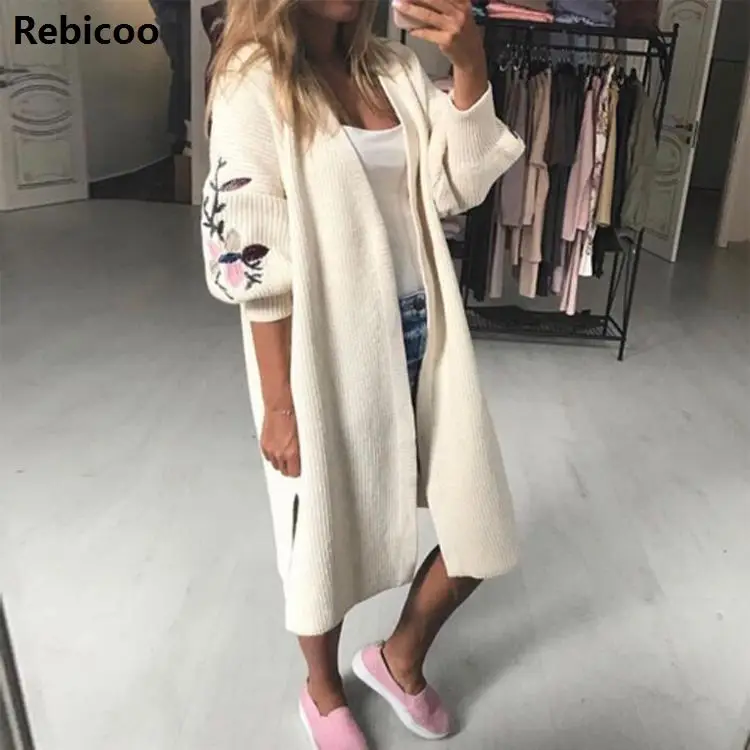 

Women Christmas knitting gray sweater women Autumn winter loose embroidery lantern sleeves Cardigan sweaters jumper womens
