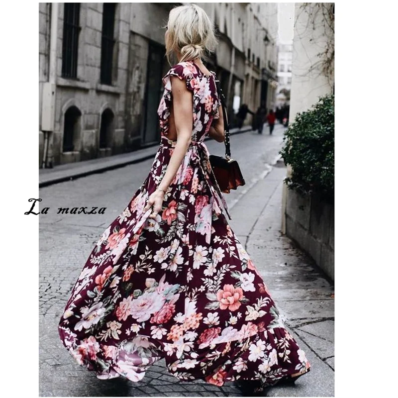 

2019 Women Summer Long Dress Vintage Sexy Casual Beach Dresses Elegant Print Bohemian Dress Plus Size