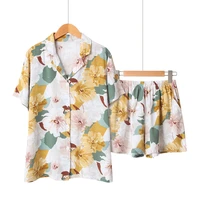 summer cotton short sleeve pajamas for women turn down collar sleepwear floral printing pijama mujer shorts home clothes pj set
