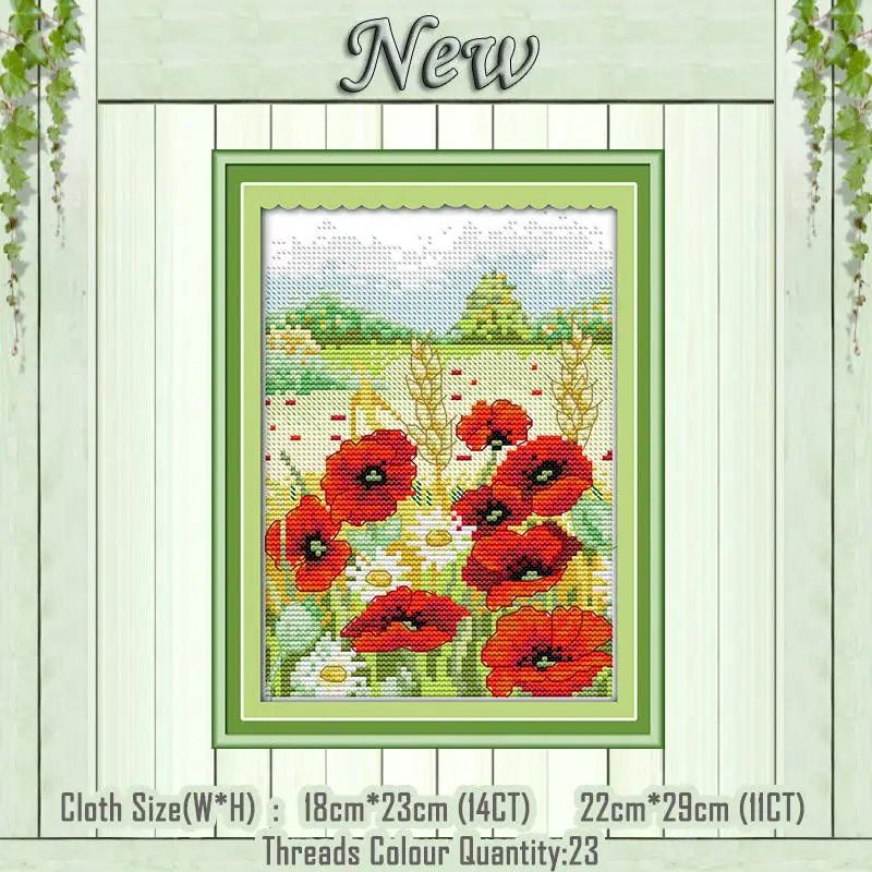Spring scenery Маковый Подсолнух, ваза с пейзажем, счетный принт на холсте, DMC 11CT, 14CT, наборы, сделай сам, вышивка крестиком, наборы для рукоделия - Цвет: Spring scenery