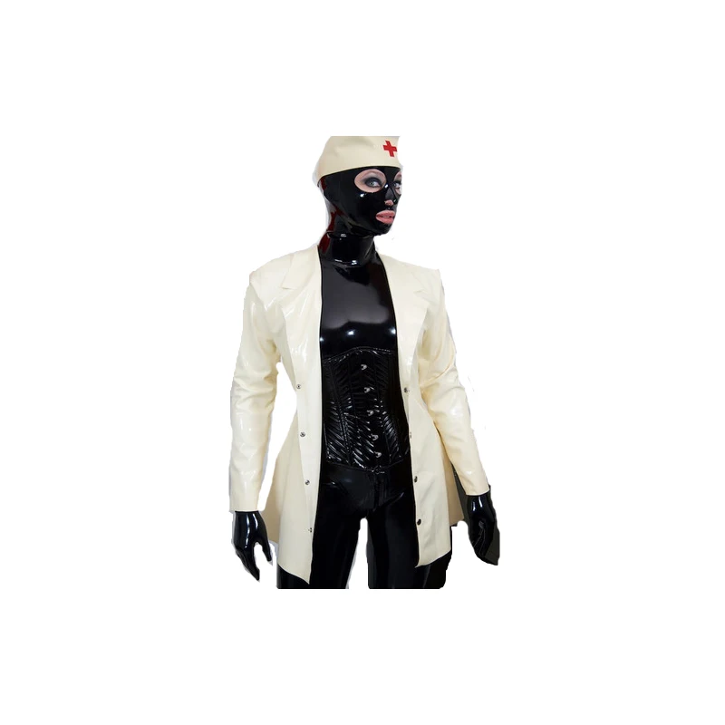 

Latex Coat 100% New Hot Rubber Women Button Nurse White Coat 0.4mm Size XXS-XXL