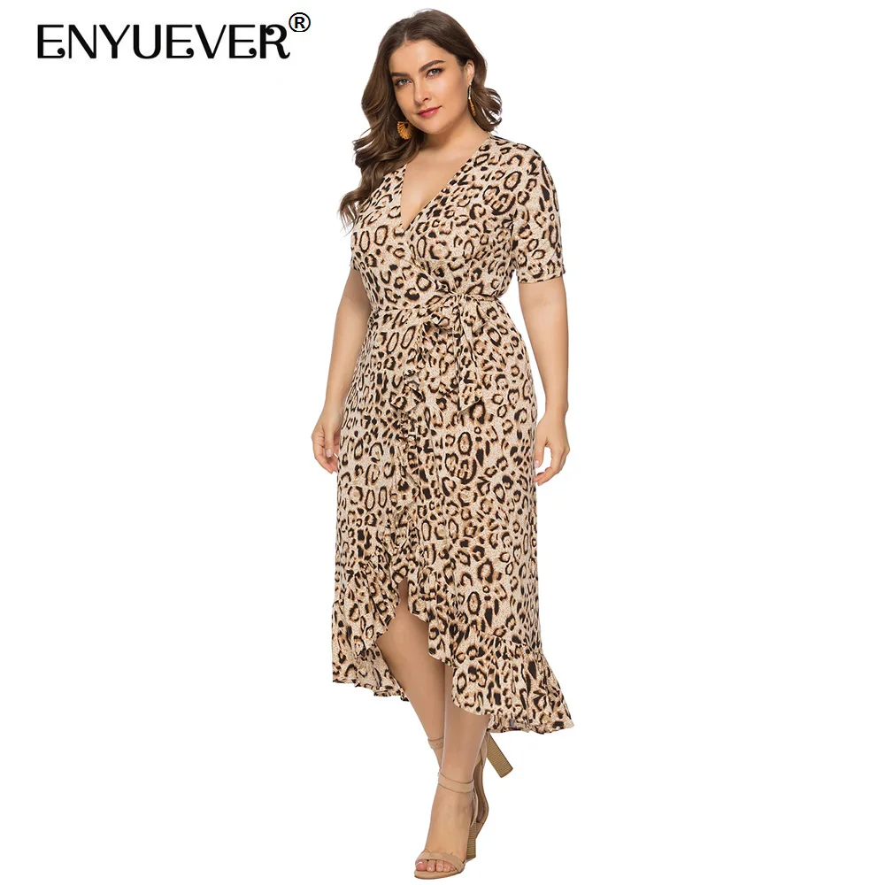 Женское платье с леопардовым принтом V образным вырезом и оборками|Женские